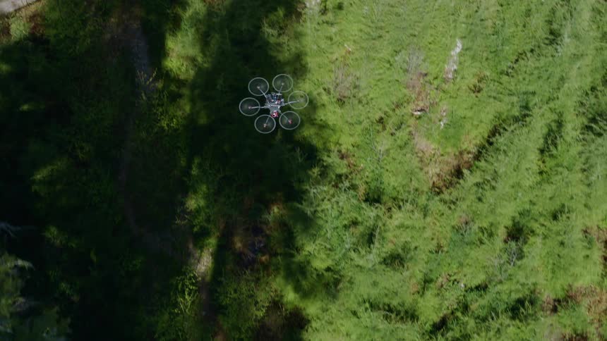 Top down view of a UAV flying over green vegetation on a sunny day