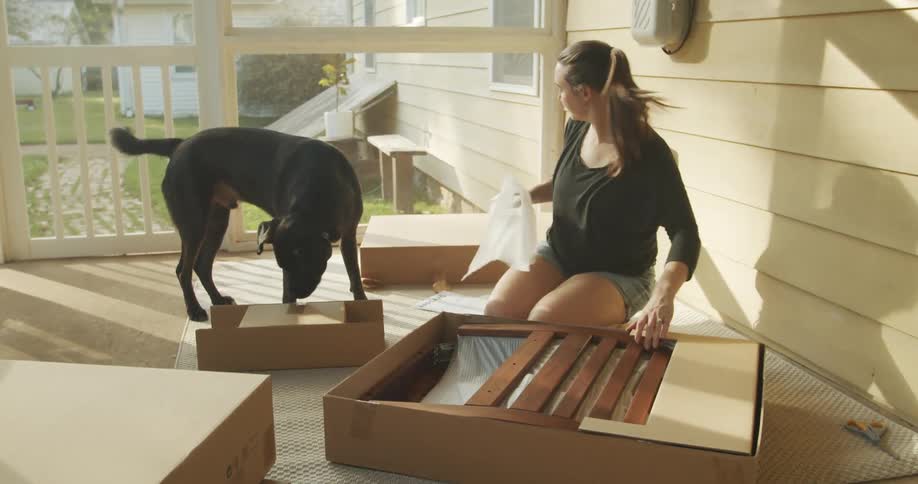 Young woman unpacking furniture in the porch at home with her dog at sunset