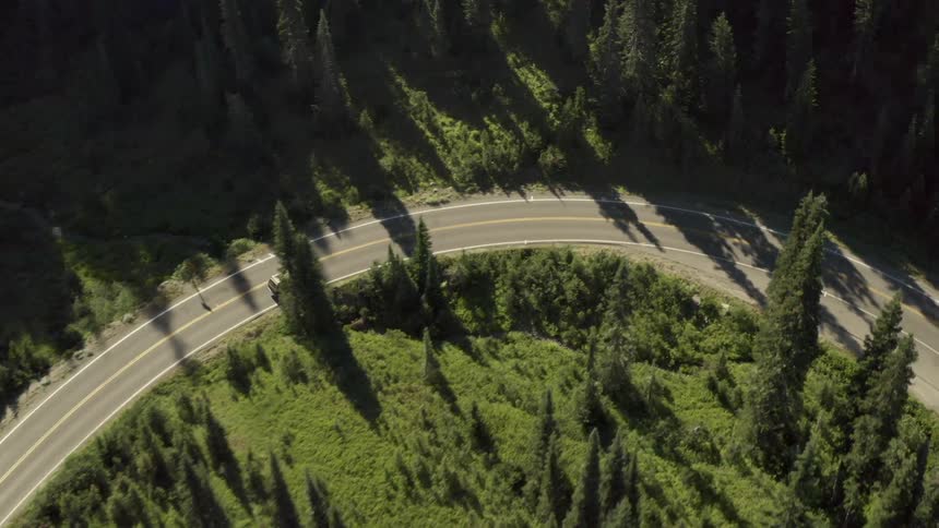Van driving down a highway and around a curve in a wooded area with many tall trees around