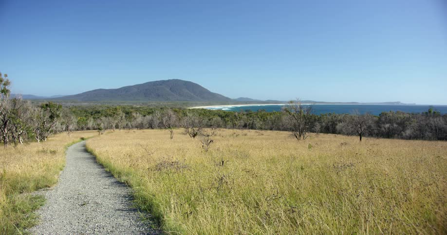 Dirt road stretching to beach on cloudless sunny day