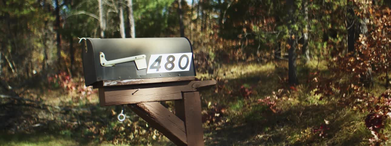 A metal mailbox in a rural area with trees and grass