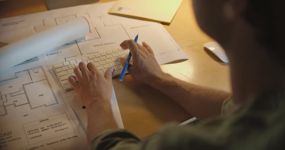 A man sits at a table surrounded by blueprints typing on a keyboard