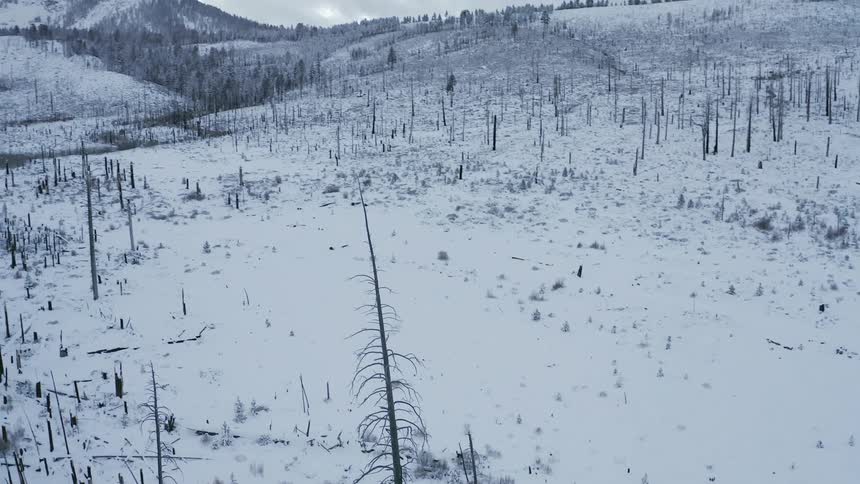 Shot of snowy ground pans to the side to reveal snow covered mountains