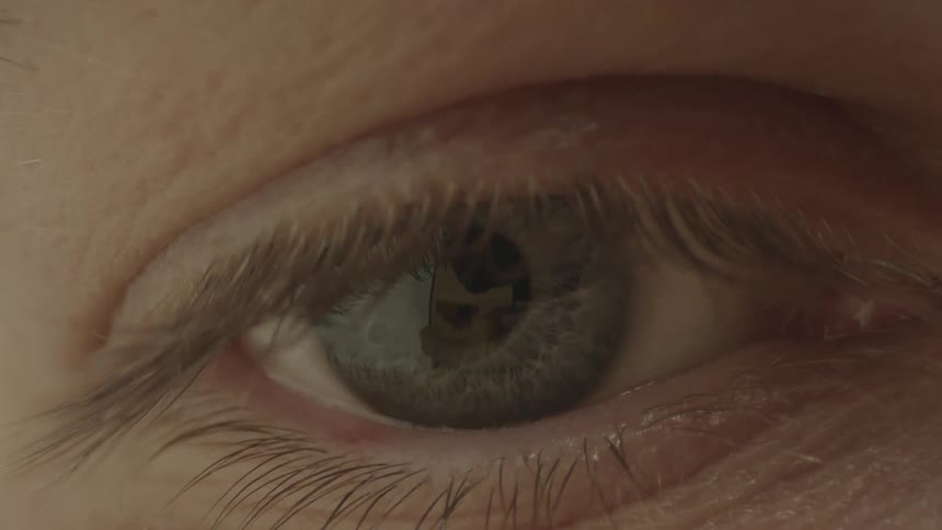 Close up of an eye reflecting whats being read on a computer screen