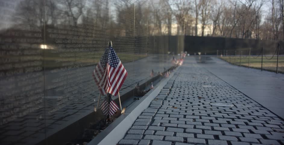 American Flag at Vietnam War Memorial Stone Wall