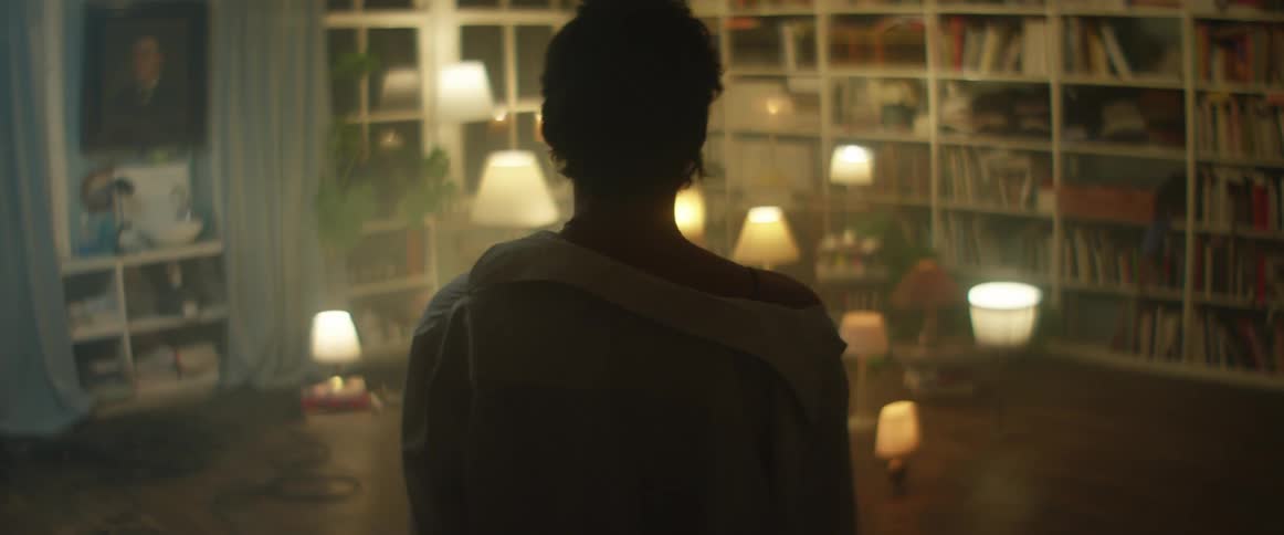 A man stands looking at a room with multiple lamps sitting on the floor illuminated