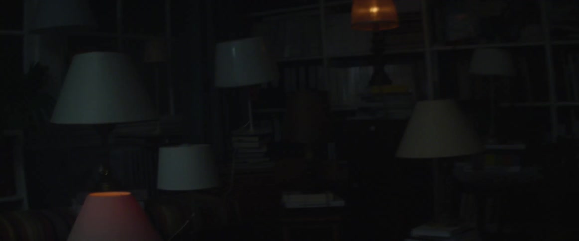 Lamps inside a dark living room turning on and off in a chaotic pattern