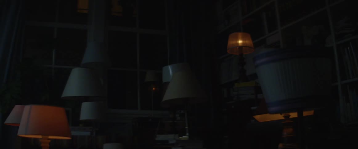 Multiple lamps sitting on tables furniture and stacks of books in a room are turned on and off