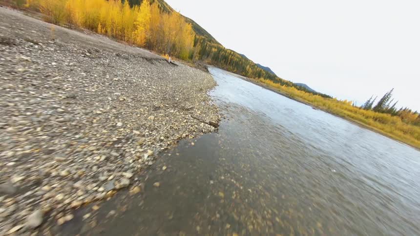 A reverse time lapse of a river running through a forest with fall colored trees