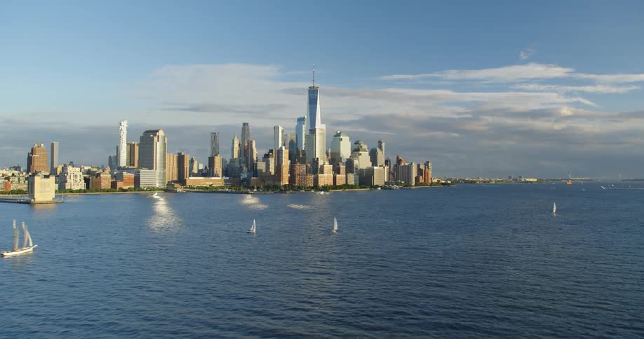 Aerial view of manhattans downtown skyscraper skyline at evening