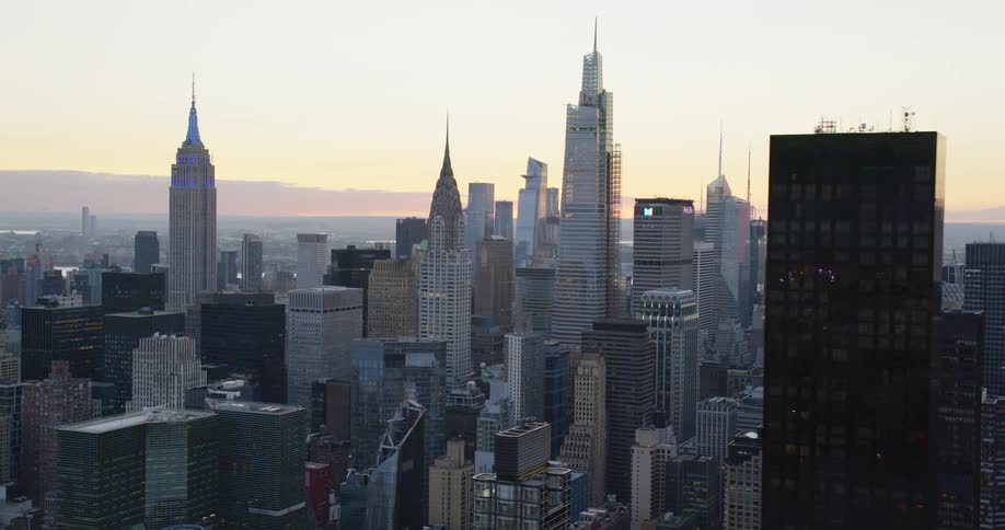 Downtown aerial view of buildings at sunset