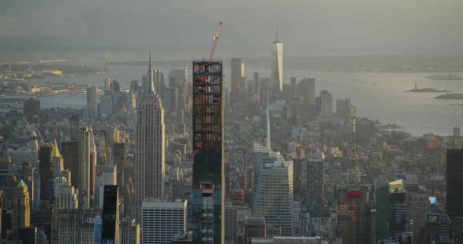 Aerial view of manhattan downtown skyscraper skyline at evening