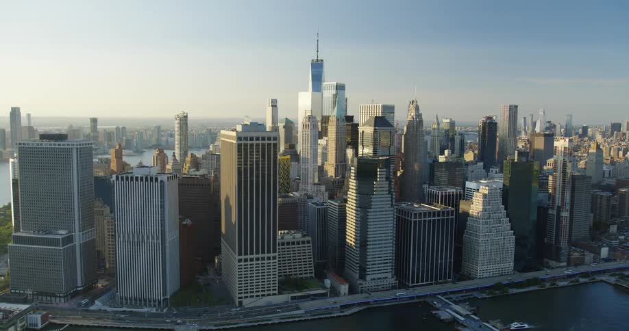 Aerial view of manhattans downtown skyscraper skyline at morning