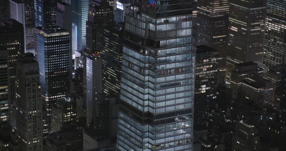 Aerial views of skyscrapers and buildings in a downtown area