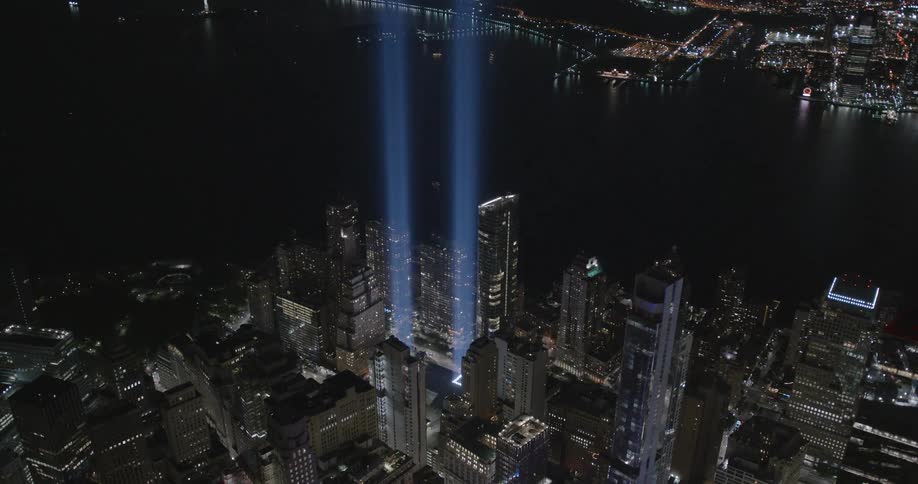 Aerial view of the tribute in light art installation in remembrance of the september 11 attacks at night
