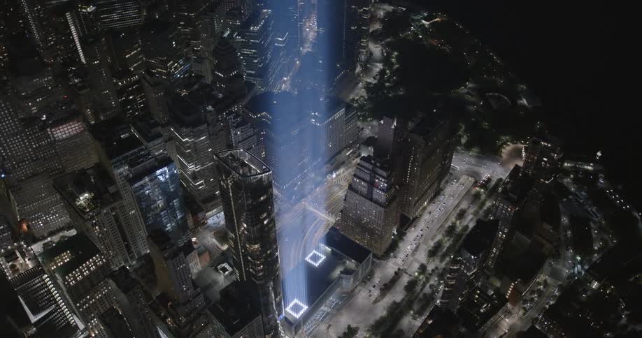 The tribute in light art installation in remembrance of the september 11 attacks at night