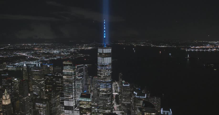 The tribute in light art installation in remembrance of the september 11 attacks at night