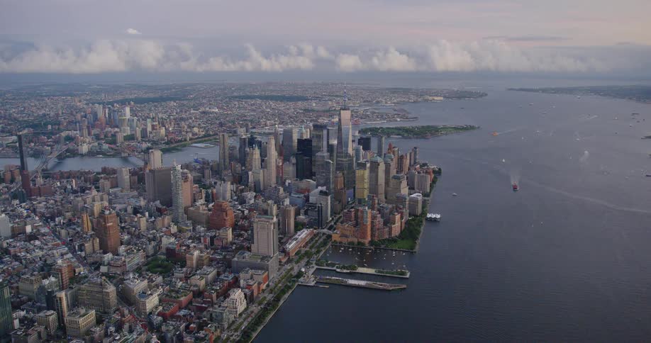 Aerial view of manhattans skyscraper downtown skyline at evening