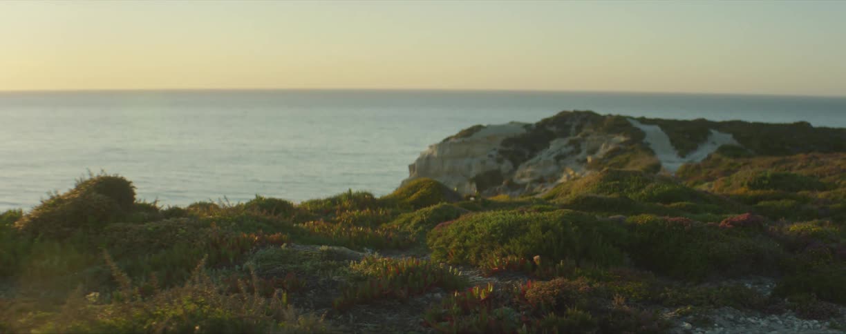 A cliff covered in gravel and short vegetation overlooking the horizon at sunset