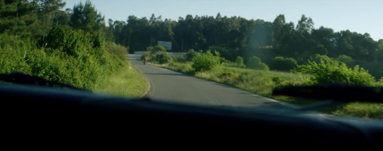 Driving down a road with trees on one side and grass and a lake on the other a person riding a bike in the distance