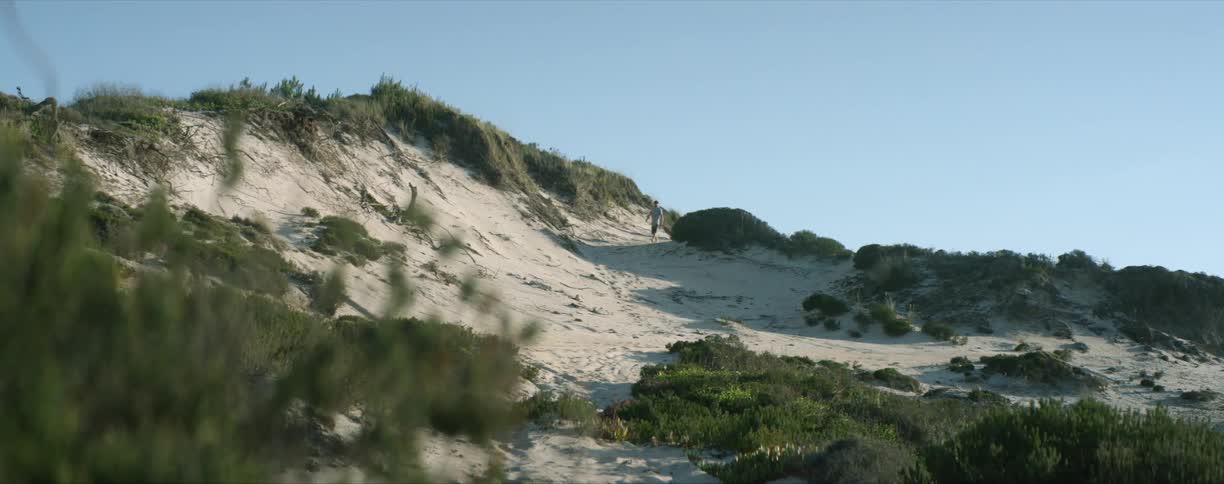 A person walking on a hill with sand and plants with the sky and clouds in the background