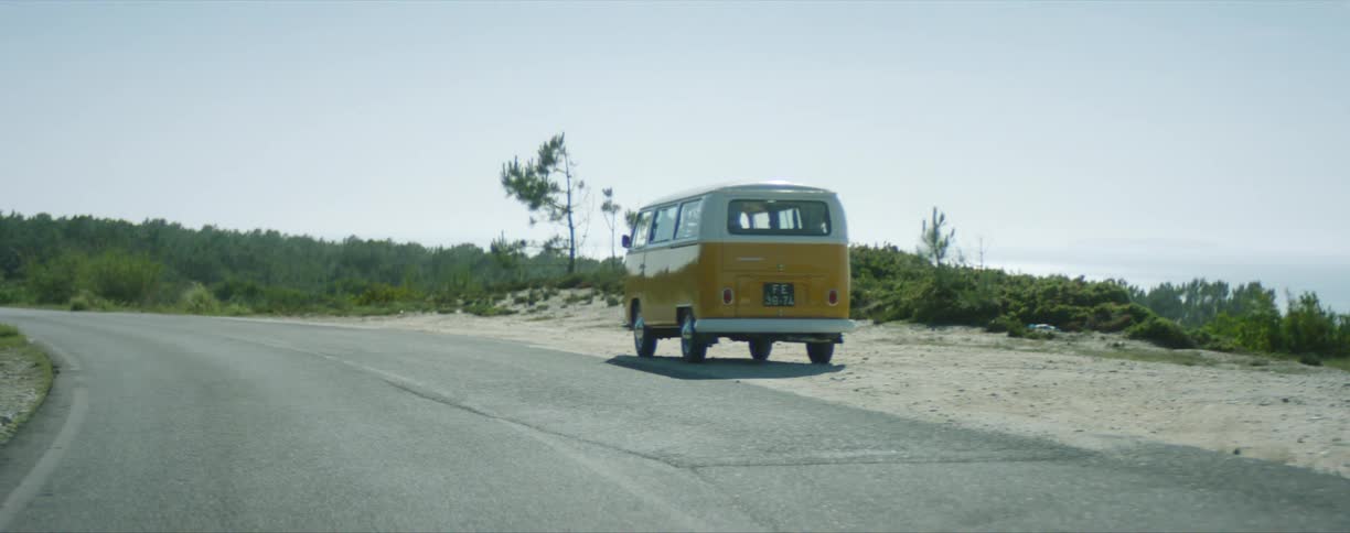 A van parked on a street above the shore