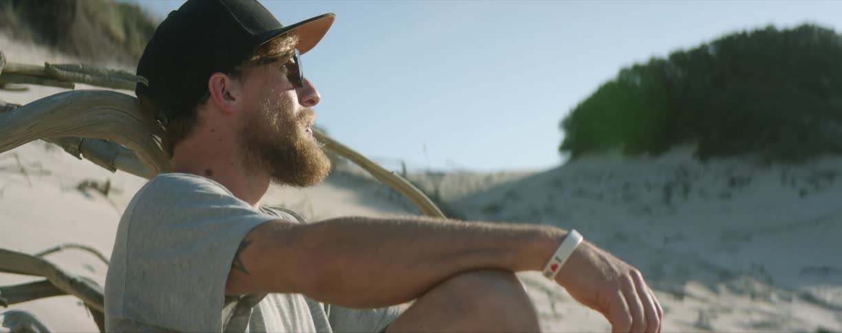 A man with a beard and wearing a hat and sunglasses sits on a beach