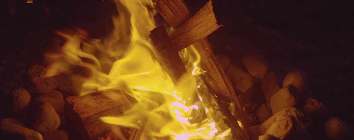 Fire burning wooden logs on a campfire at night