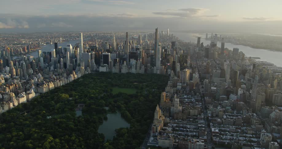 An aerial view of a city on the water