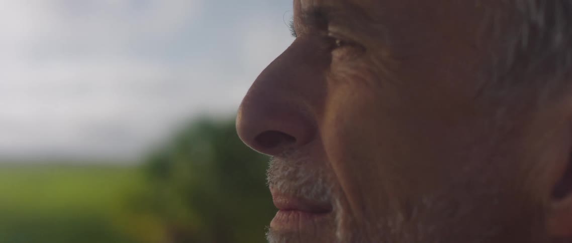 Older man stands looking out over fields toward horizon