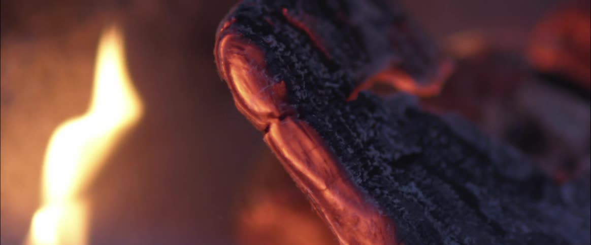 A narrow piece of wood burns in a campfire