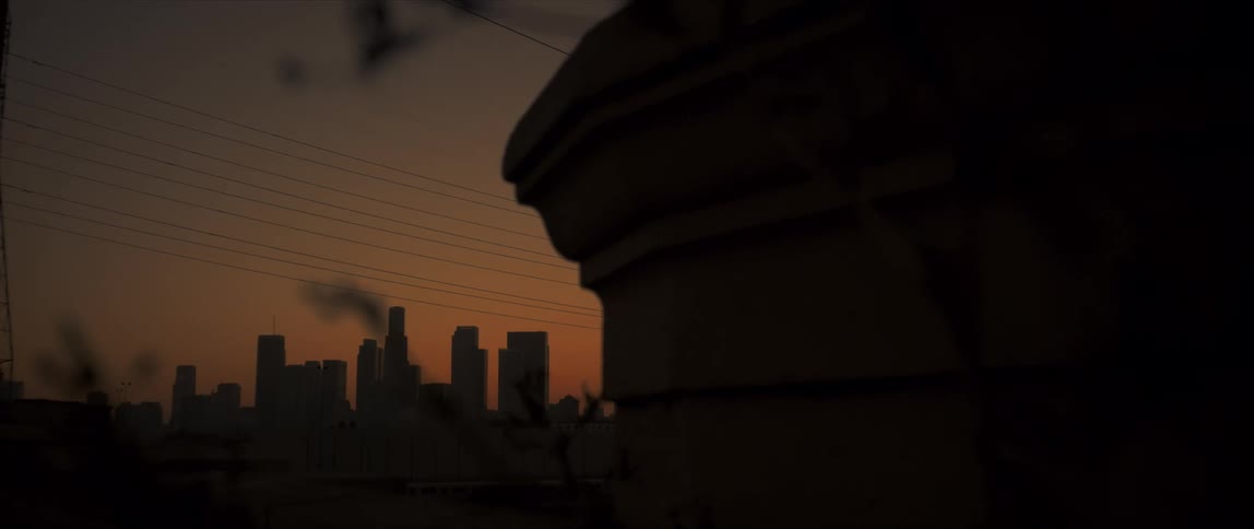 A wide shot of a city skyline