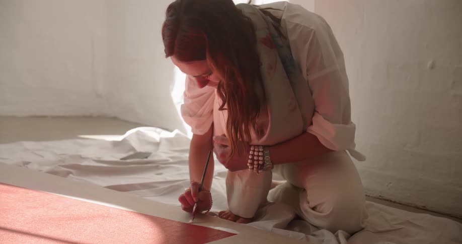 A woman kneels on the ground as she paints a red rectangle on a large canvas in a room with white walls