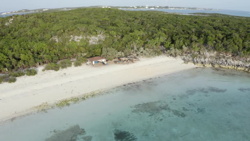 Aerial view of Pig Beach in Exuma, Bahamas