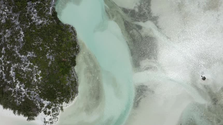 Aerial top down view of the clear blue waters in the shorelina of a tropical beach