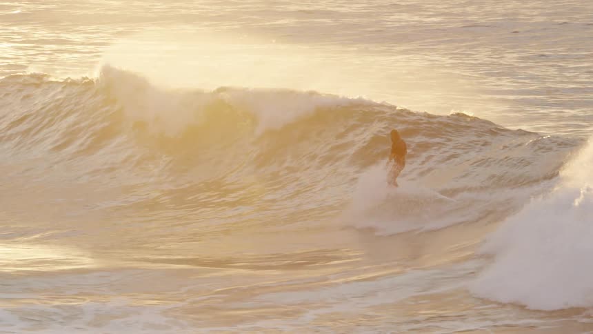 Surfer riding huge wave on sunny day