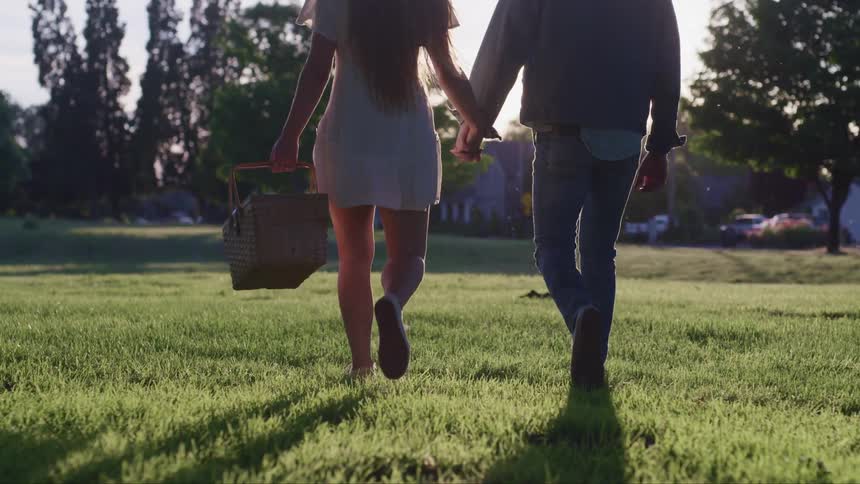 Couple walk across grass holding hands while woman carries picnic basket