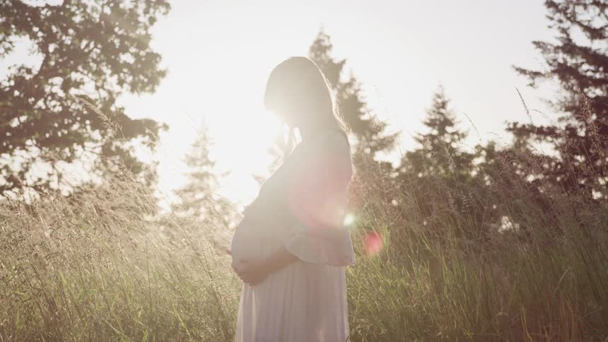 A pregnant young woman cradles her stomach while standing in a field of tall grass outdoors in the evening