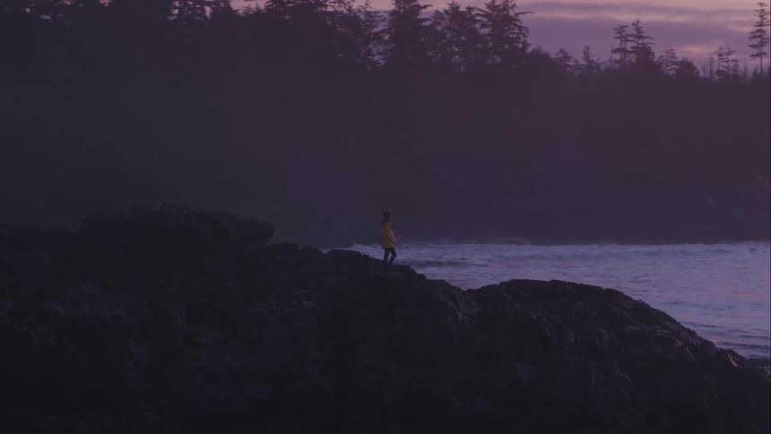 A woman stands on top of a rock formation looking out towards the ocean in the morning