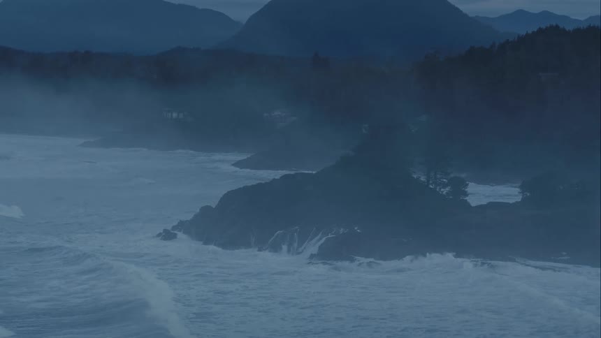 Ocean waves crashing against a rock with trees on it with dreary weather