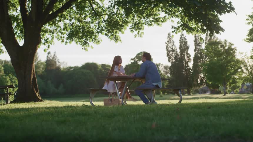 A man and woman sitting at a picnic table in a park lean across the table and kiss one another