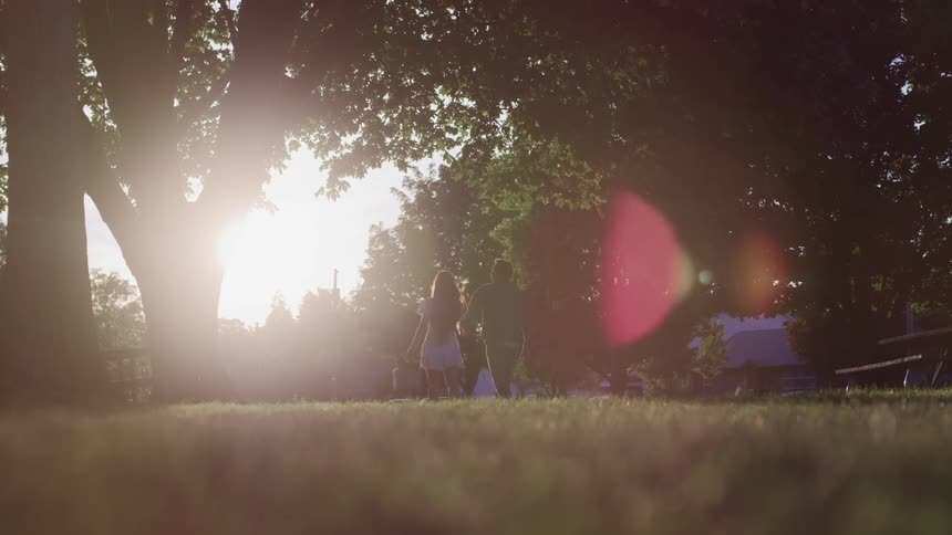 Young couple walk holding hands on the grass of a park at sunset