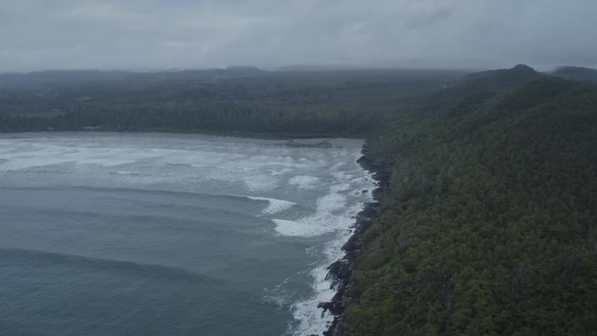 Waves rolling into Pacific coast next to thick forested mountain on a stormy day