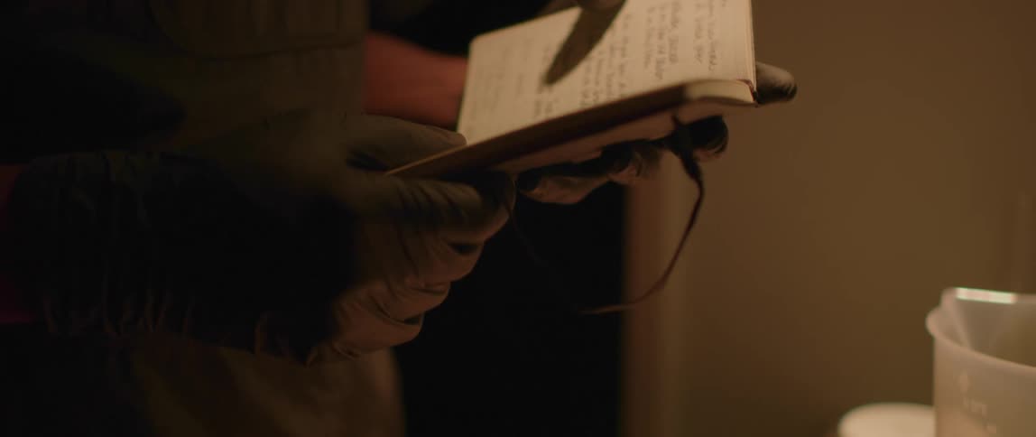 A man wears gloves as he stands near a doorway inside and reads from a leather bound diary