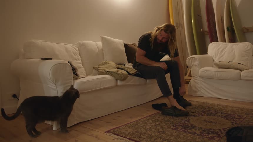 Man with long hair and beard wears shoes and looks at cat in living room