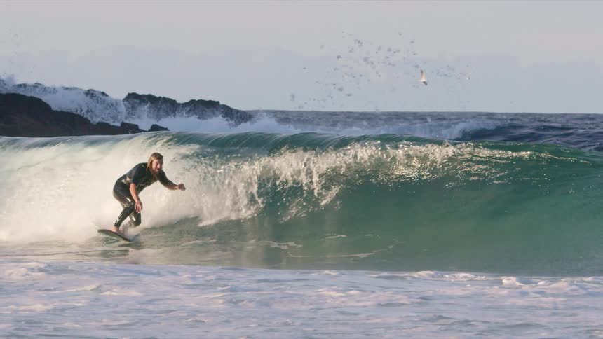 Surfer rides a huge wave as another person is moving out in the water and seagulls are flying over the water