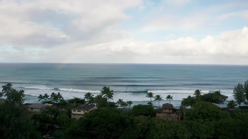 Ocean waves roll to shore where palm trees and homes line the beach