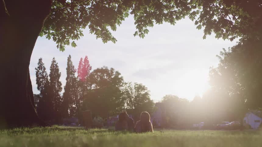 Young couple laying on the grass in a park kissing at sunset