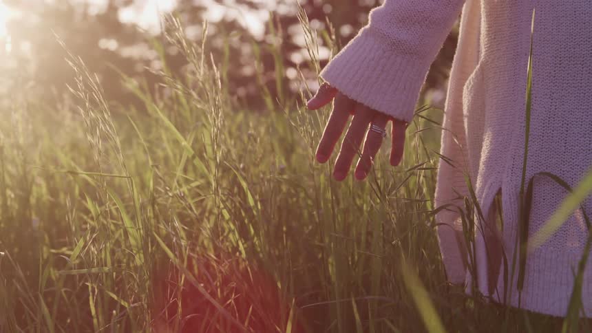 A woman wearing a white sweater stands in a field with long grass during the day