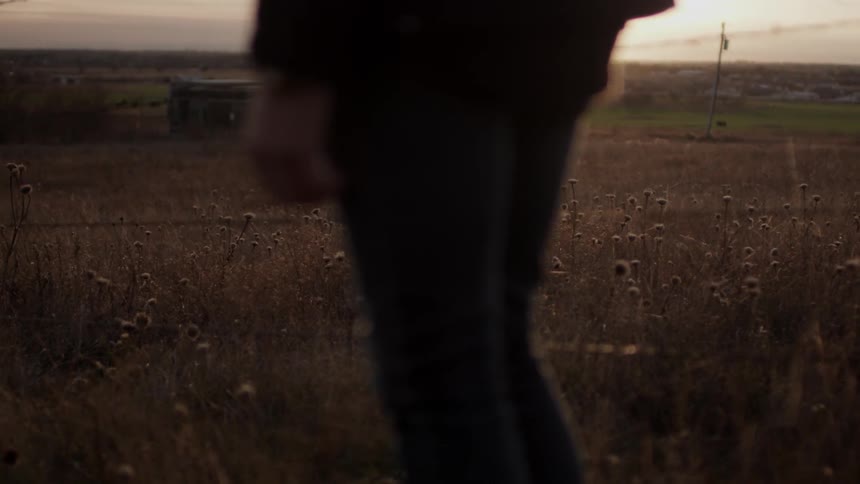 A person is standing on a field at sunset